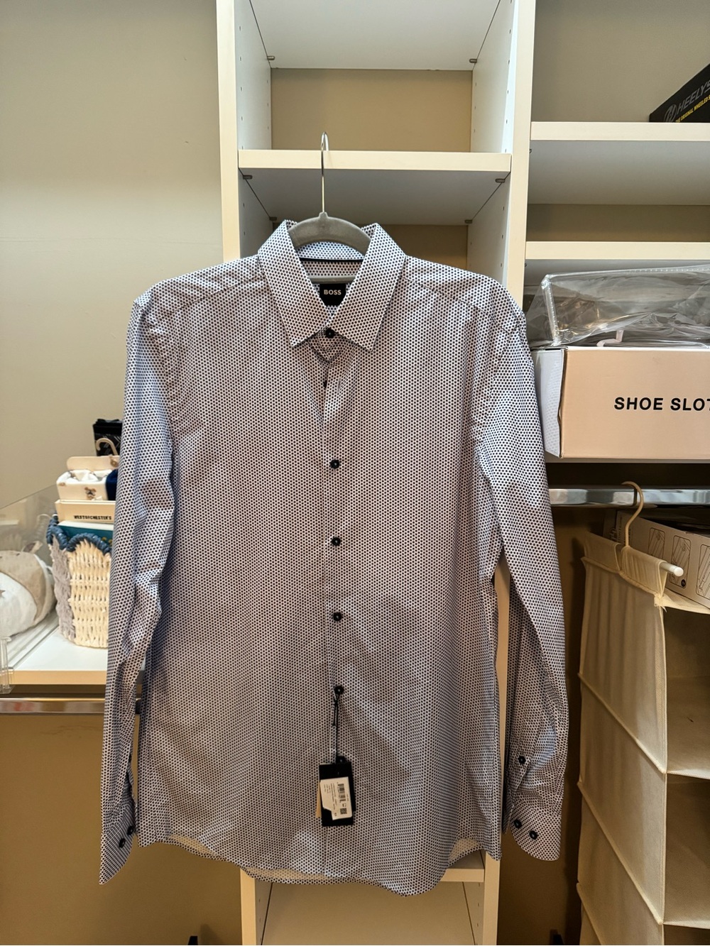 BOSS Men's Blue Micro-Print Dress Shirt Slim Fit